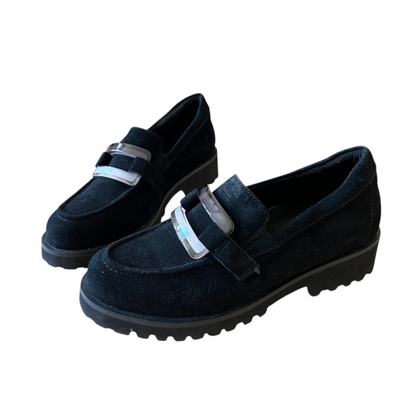 VANELI ZINTA BLACK SUEDE LOAFERS 6.5 LUG SOLE PREPPY OFFICE CASUAL CHIC SLIP ON - Picture 1 of 12